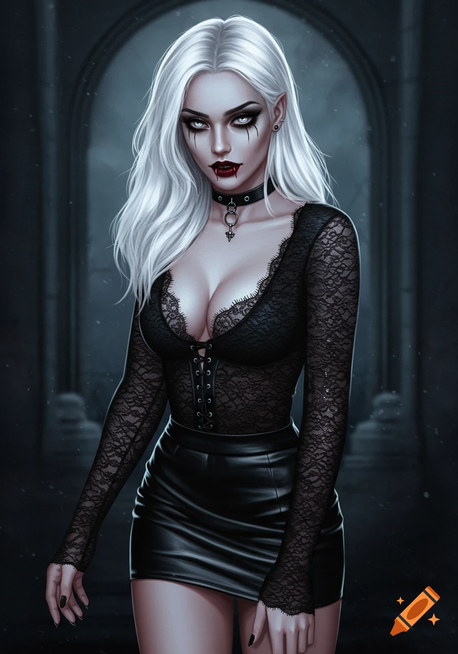 An image of a goth vampire woman with white hair, heavy makeup, black lace top, and leather mini skirt.