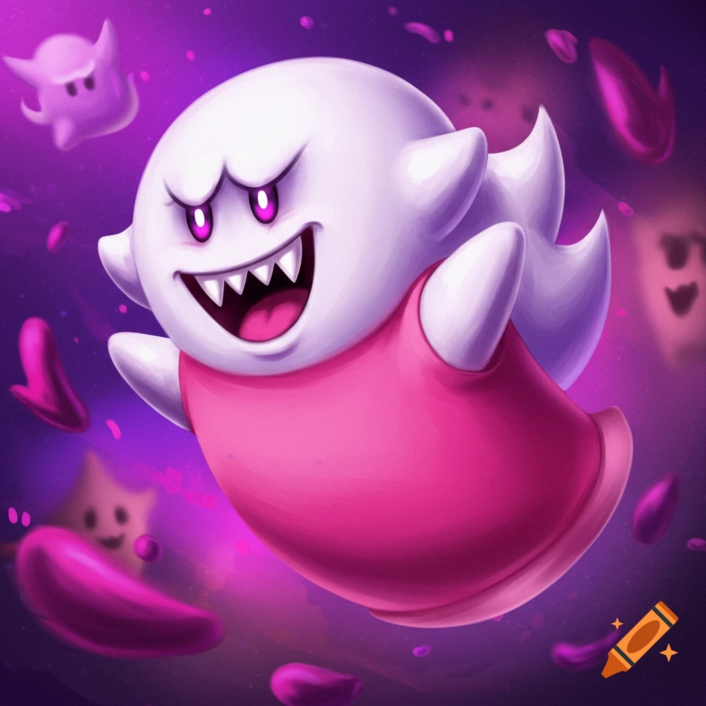 Big Boo, a white ghost with red eyes and teeth, floating in a purple background.