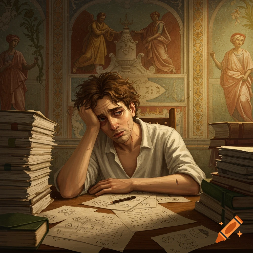 A man with an exhausted expression sits at a desk surrounded by books and papers, in a room with murals.
