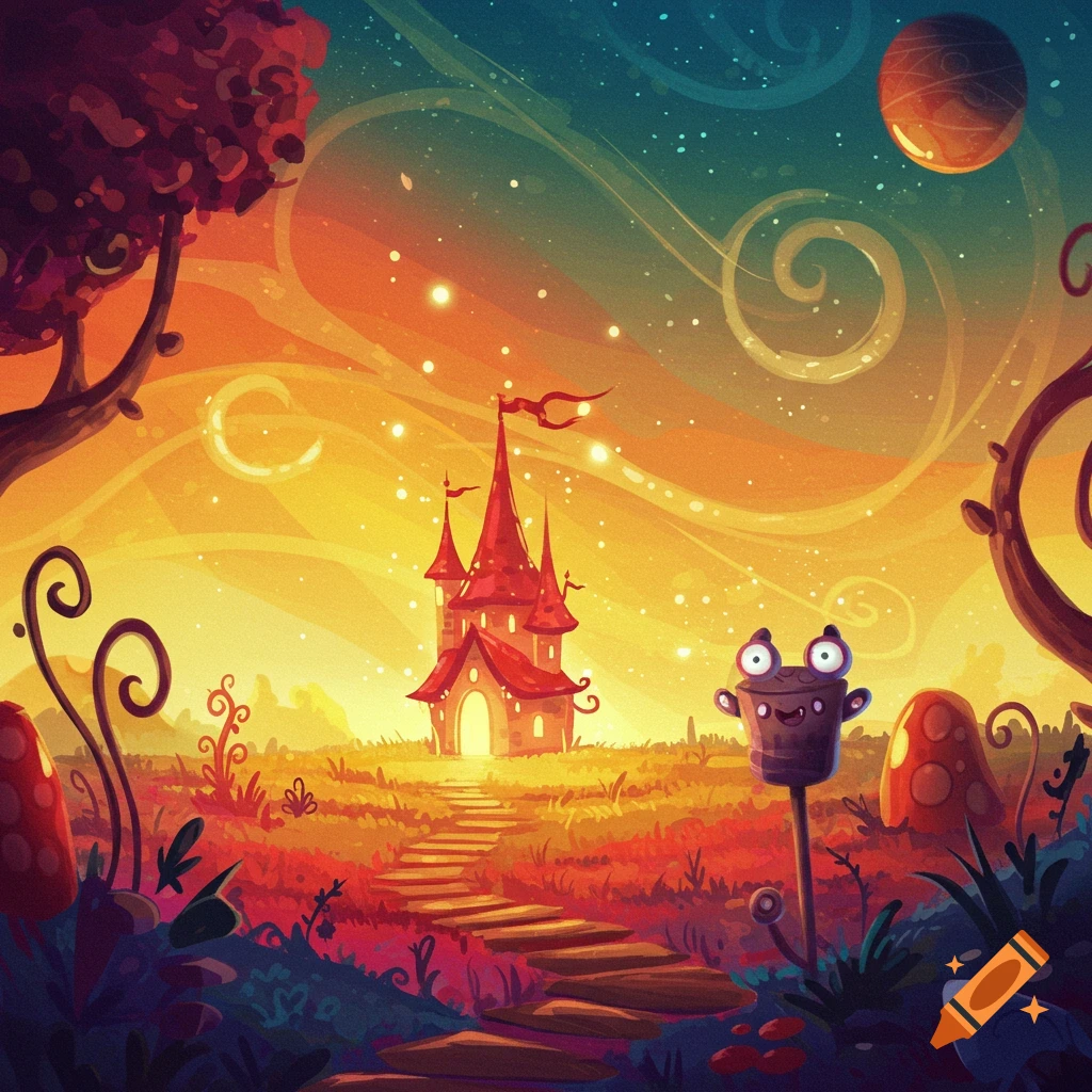 Stylized fantasy landscape with a castle, strange plants, a talking bucket, and planet under a starry sky.