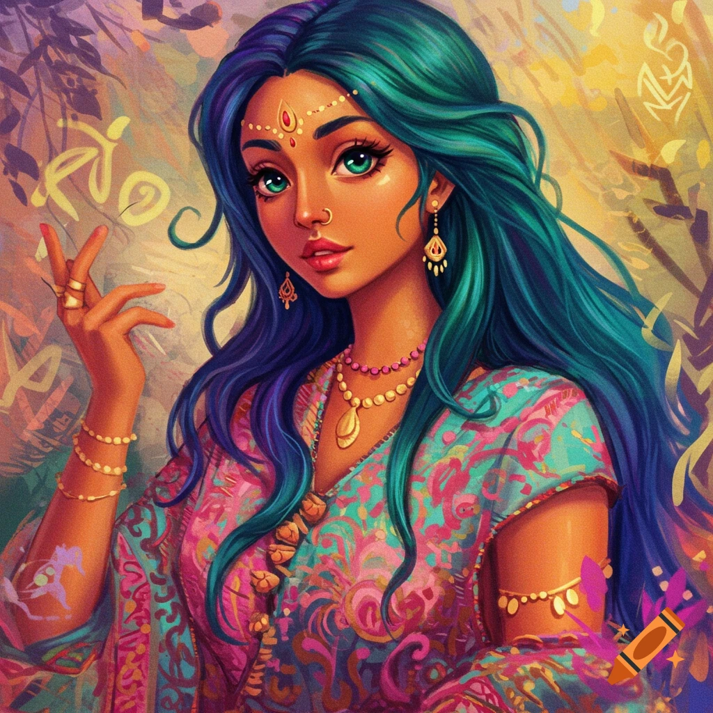 A woman with blue-green hair is wearing colorful clothing and jewelry.