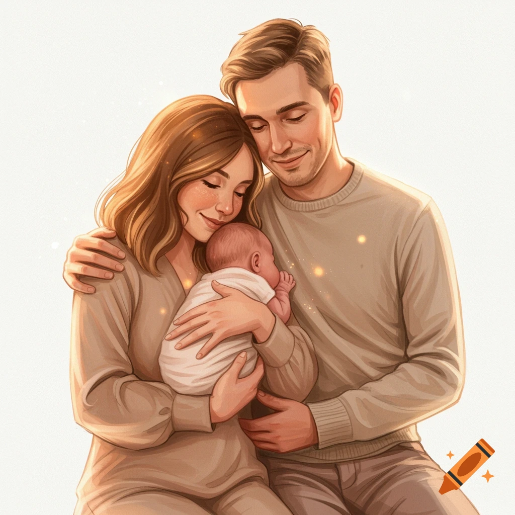 A mom and dad tenderly embracing their newborn baby in soft light.