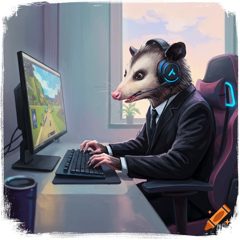 A possum in a suit wearing a headset plays video games on a desktop computer.
