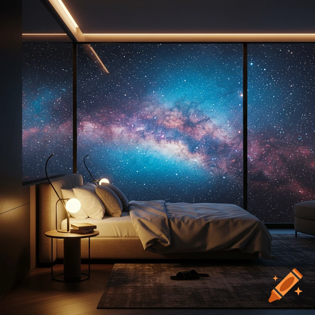 A bedroom with floor-to-ceiling windows looking out at the Milky Way galaxy.