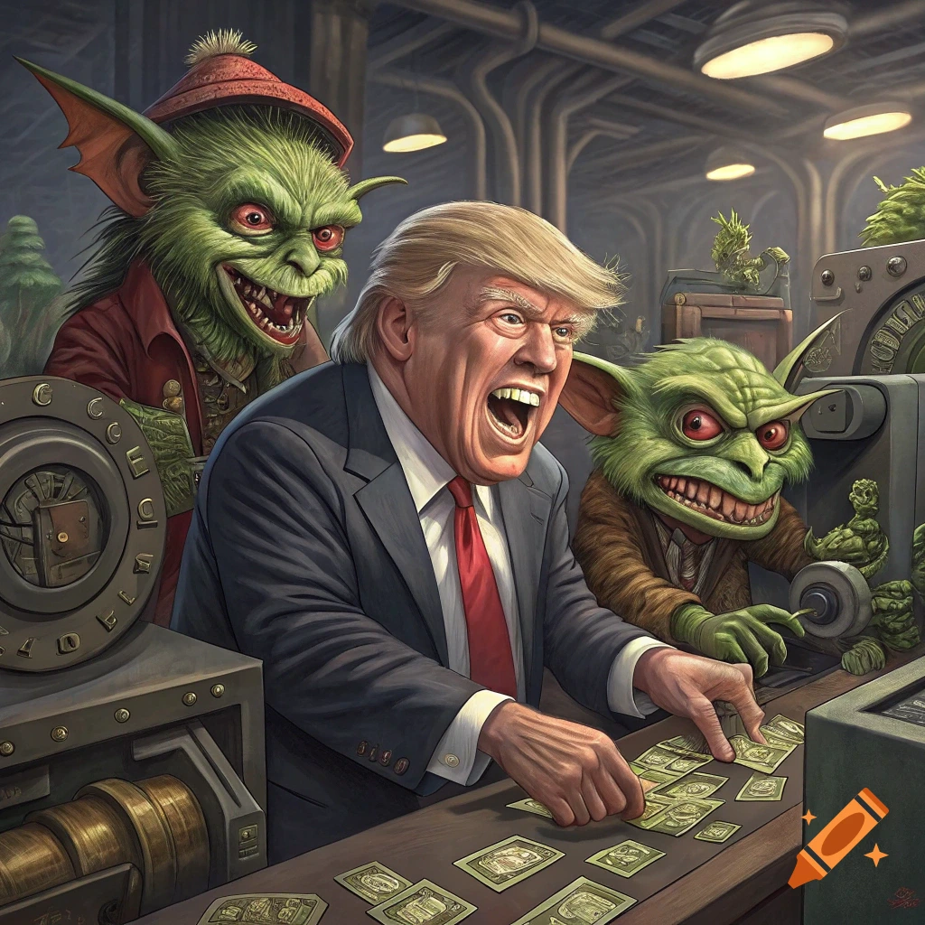 Caricature of Donald Trump with gremlin-like creatures handling money in a factory, in a grotesque style.
