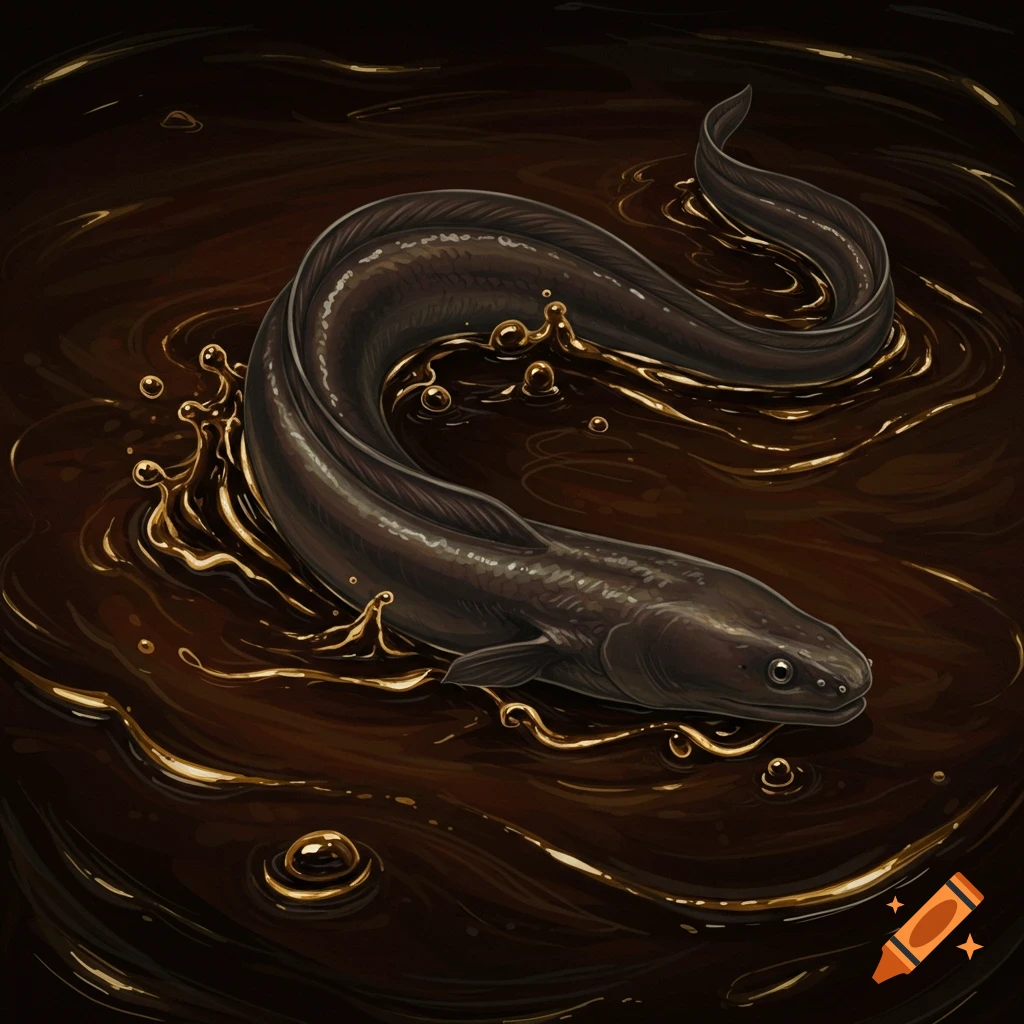An eel in dark, viscous liquid with golden highlights.
