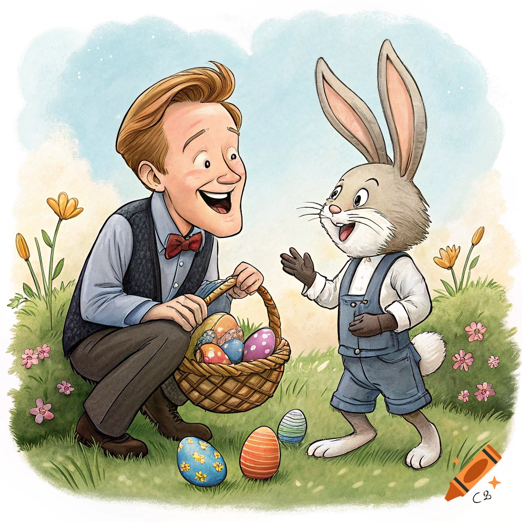 Cartoon illustration of Conan O'Brien and a rabbit with Easter eggs.