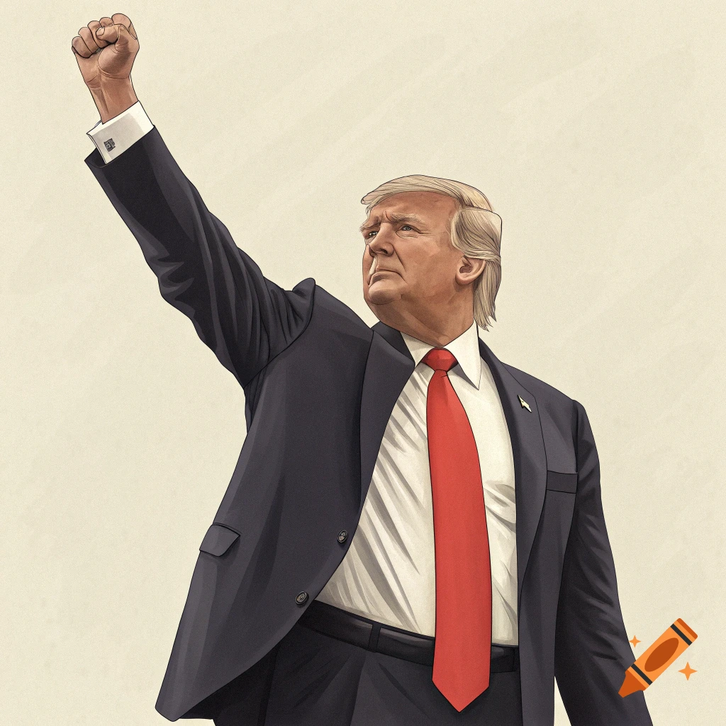 Illustration of Donald Trump raising his right fist in the air.