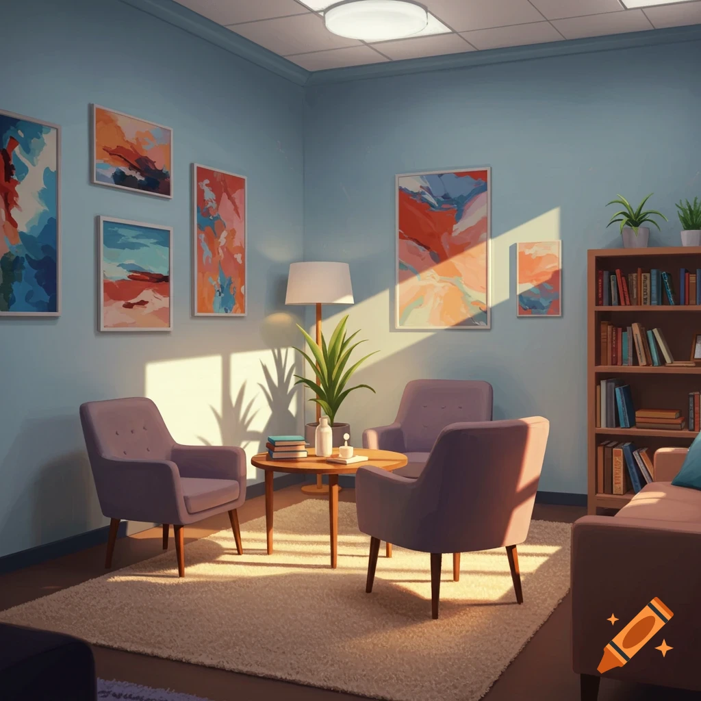 A cozy room with armchairs, coffee table, bookshelf, and abstract art, bathed in sunlight.