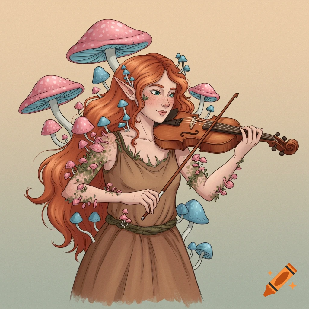 A female elf is playing a violin, with pink and blue mushrooms growing around her.