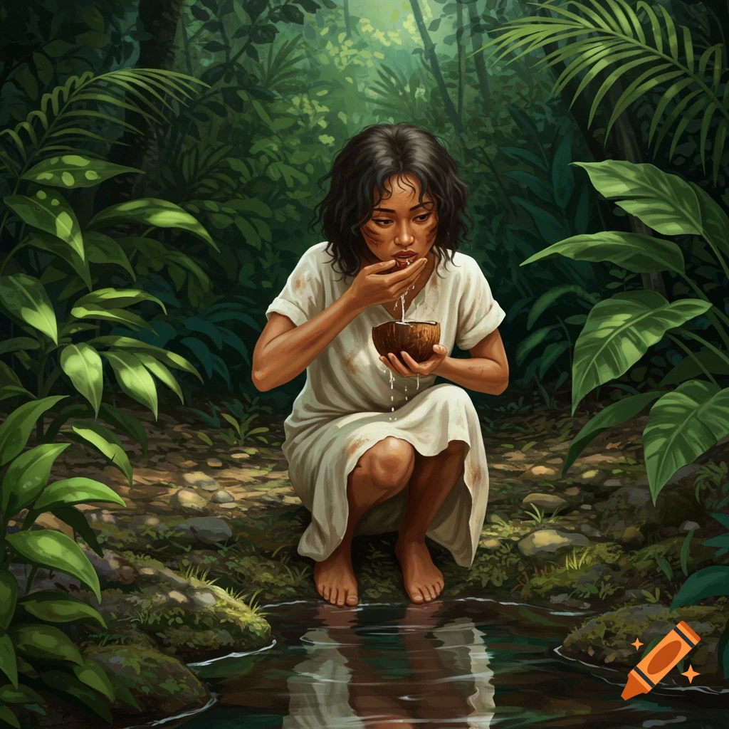 A woman drinks from a coconut shell in a jungle.