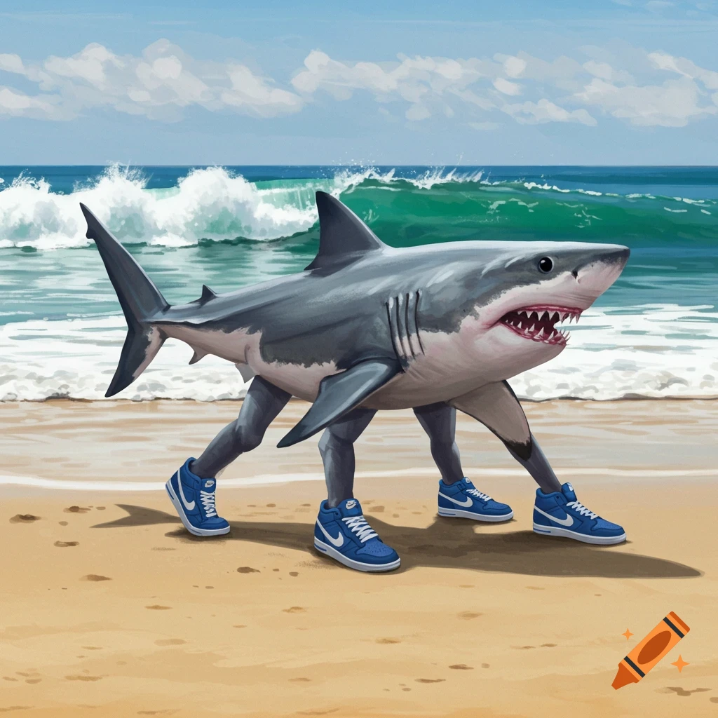 A shark walks on a sandy beach wearing blue shoes.