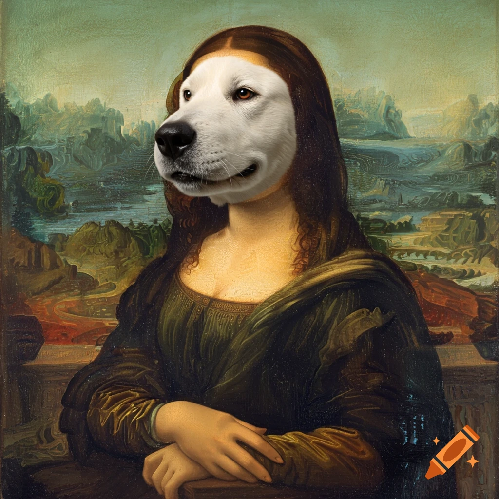 A dog's head is composited onto the body of the Mona Lisa painting.