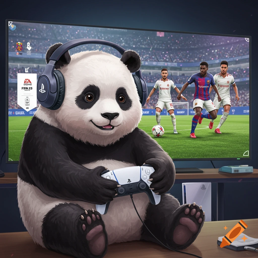 A panda wearing headphones and playing a FIFA game on a Playstation 5.