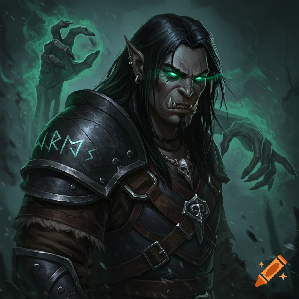 A fantasy half-orc warlock with glowing eyes and shadowy green hands behind him.