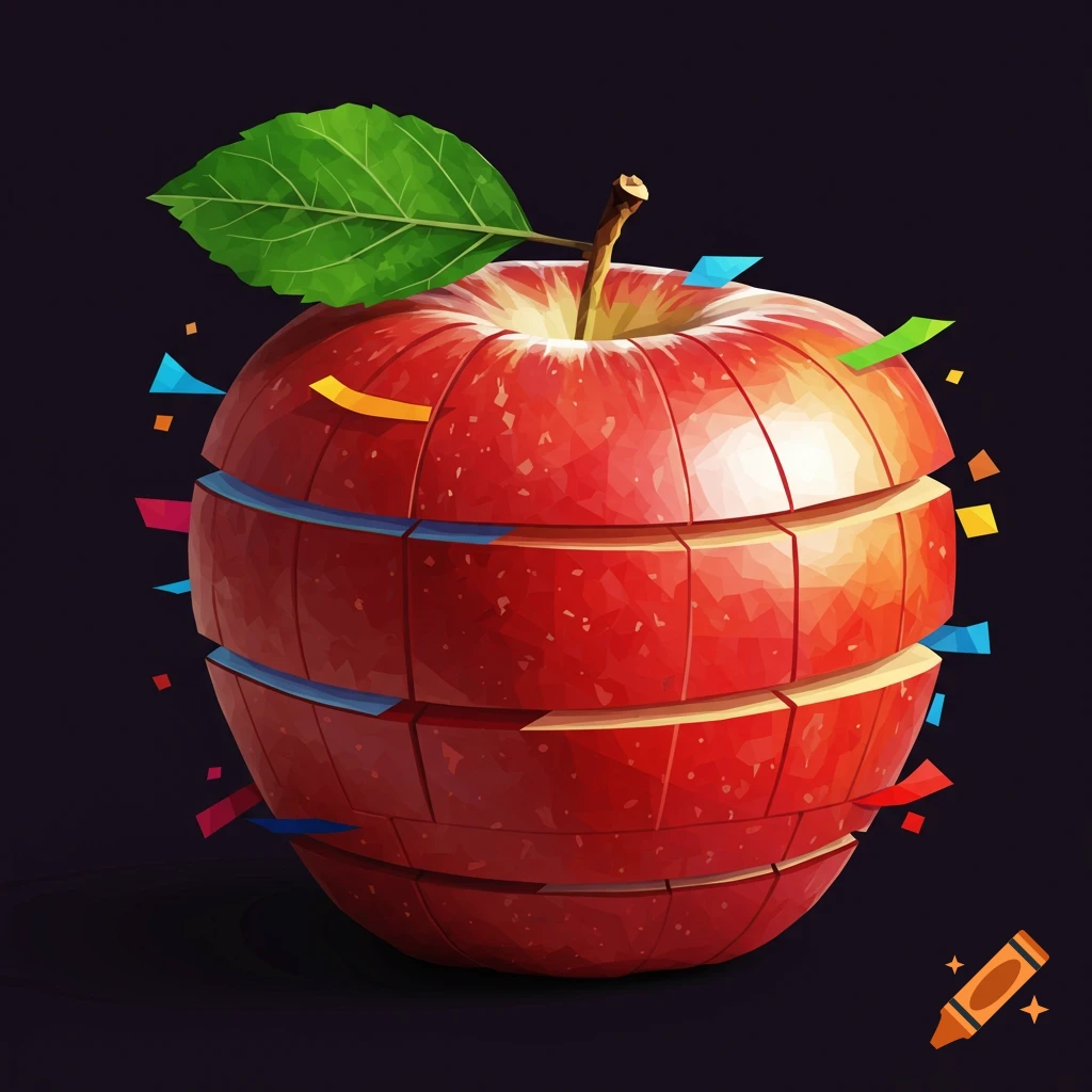 A sliced red apple in a cubist style with confetti around it on a dark background.