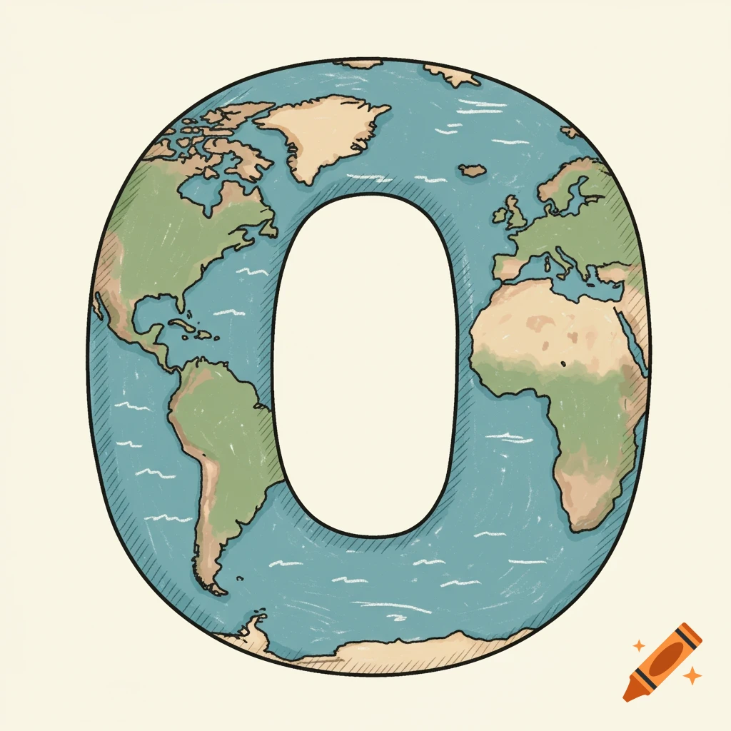 Illustration of the letter O styled as a hand-drawn earth with continents and oceans.