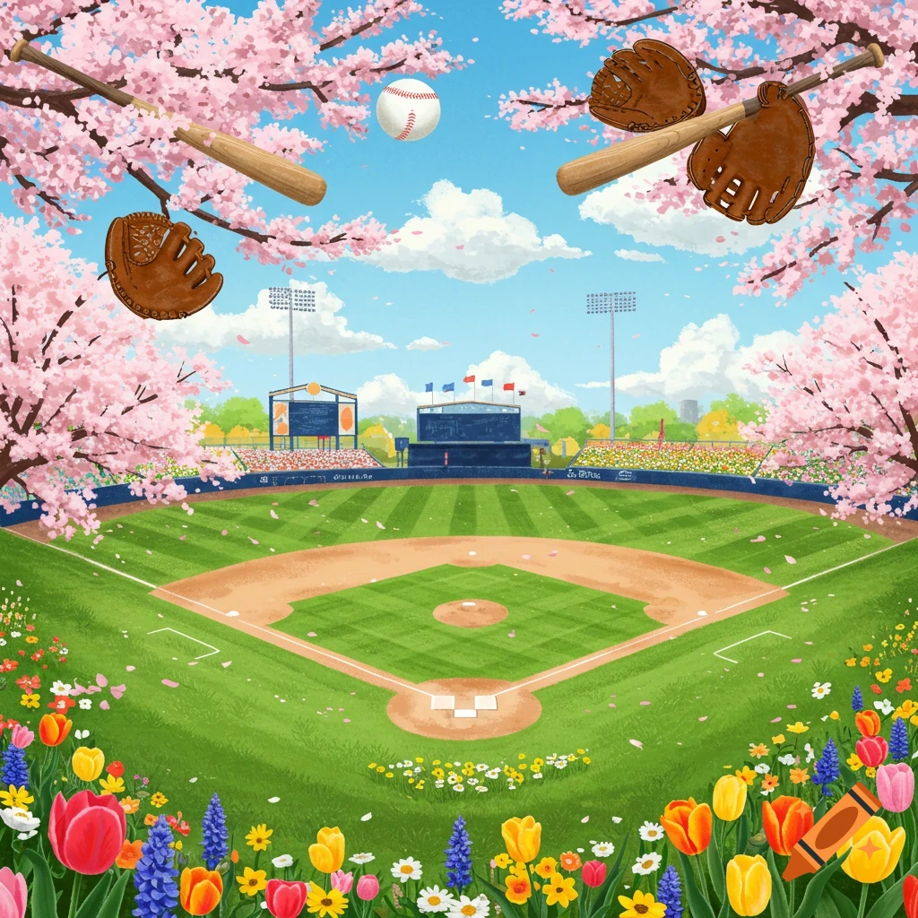A baseball field surrounded by spring flowers and cherry blossoms, with baseball gear floating above.