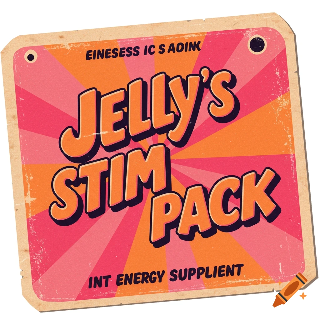 A vintage-style label with rays of orange and pink, featuring the text "JELLY'S STIM PACK" in bold orange letters. Smaller text reads "EINESESS IC S ADINK" and "INT ENERGY SUPPLIENT".