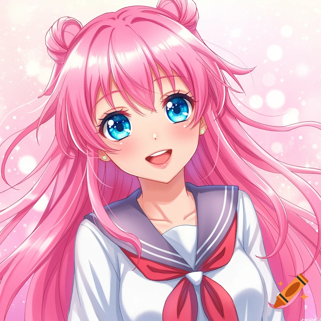 Smiling anime girl with pink hair and blue eyes in a sailor school uniform against a sparkling pink background.