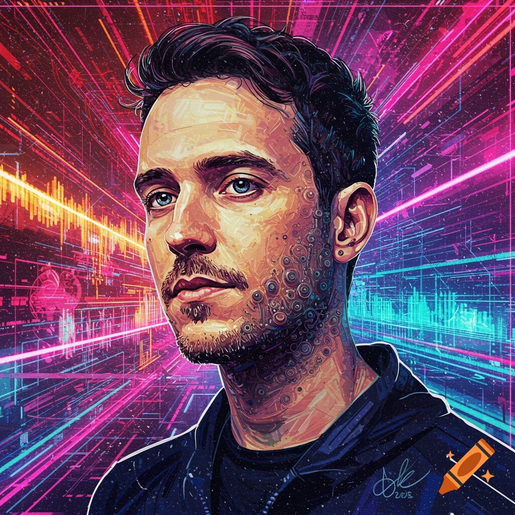 A man with a beard and blue eyes is shown against a neon digital background.