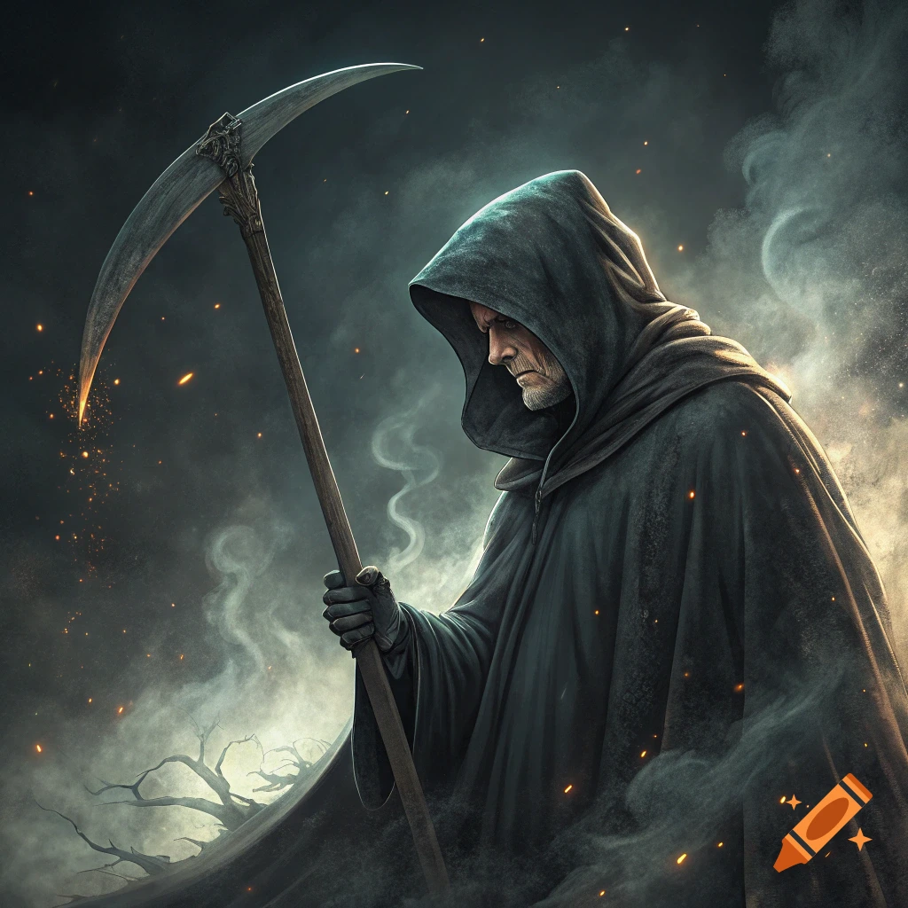 The Grim Reaper, a hooded figure, stands in smoke holding a scythe.