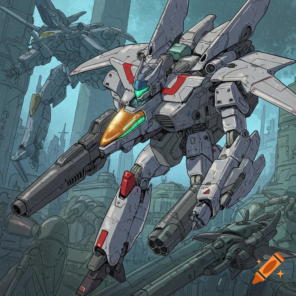 Detailed illustration of two large mechs standing in a futuristic city