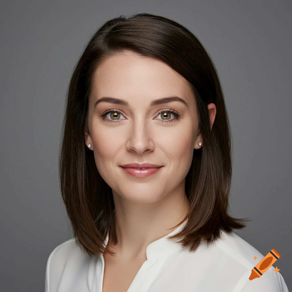 A woman with brown hair and hazel eyes smiles in a professional headshot against a grey background.