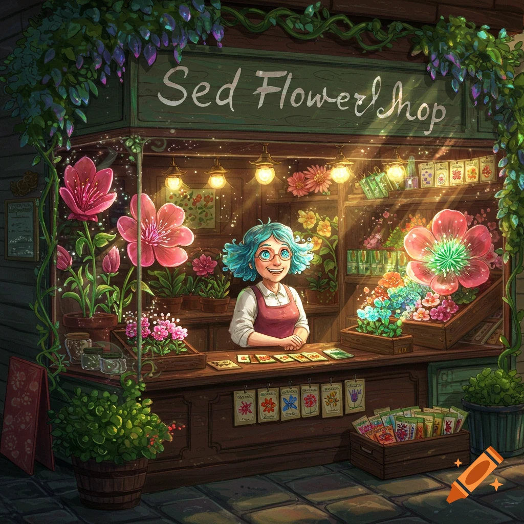 A smiling character is behind the counter of a magical flower shop filled with colorful flowers.