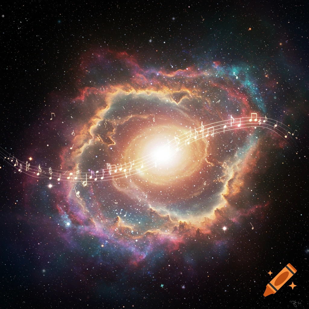 A colorful spiral galaxy with music notes floating across the center.