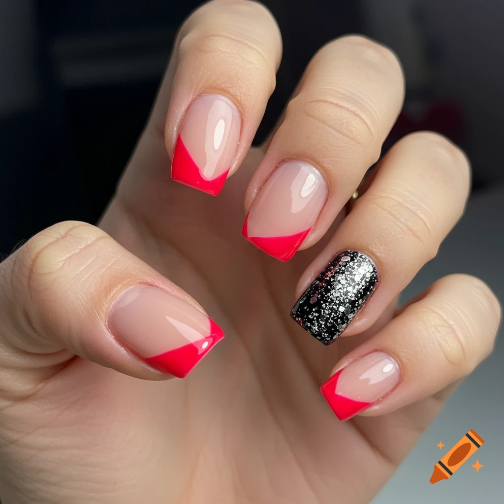 A hand with a nail design featuring v-shaped red tips on most fingers and a black nail with silver glitter on the ring finger.