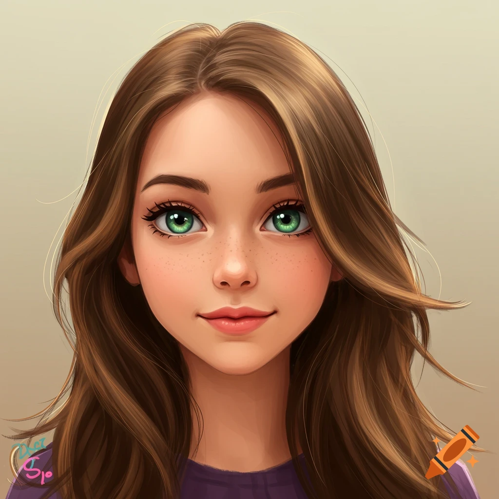 Portrait of a young girl with brown hair, green eyes, and freckles.