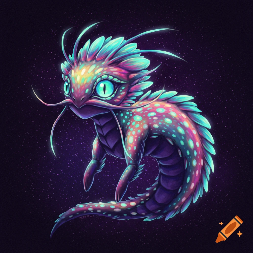 Colorful fantasy creature floating in a starry purple background