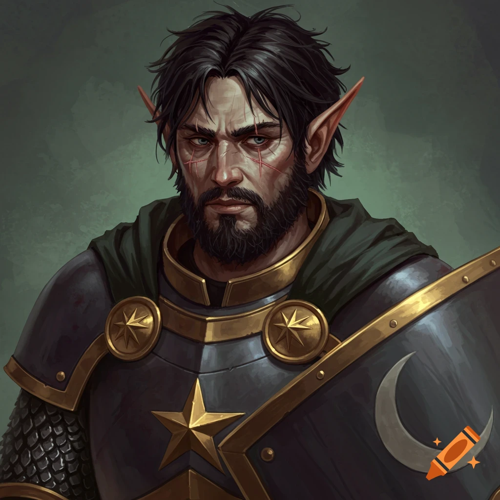 A male elf warrior with scars, a beard, armor with a star, and a shield with a crescent moon.