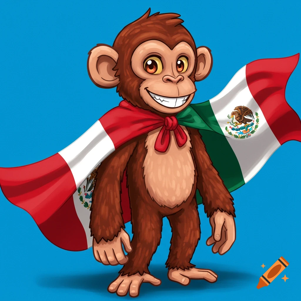 Cartoon monkey wearing a Mexican flag as a cape.