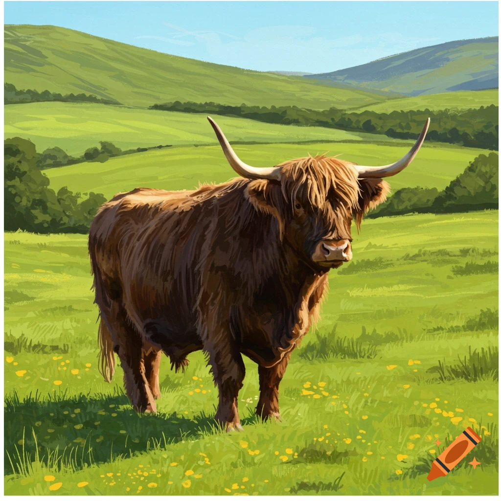 A shaggy Highland bull stands in a green pasture with yellow flowers.
