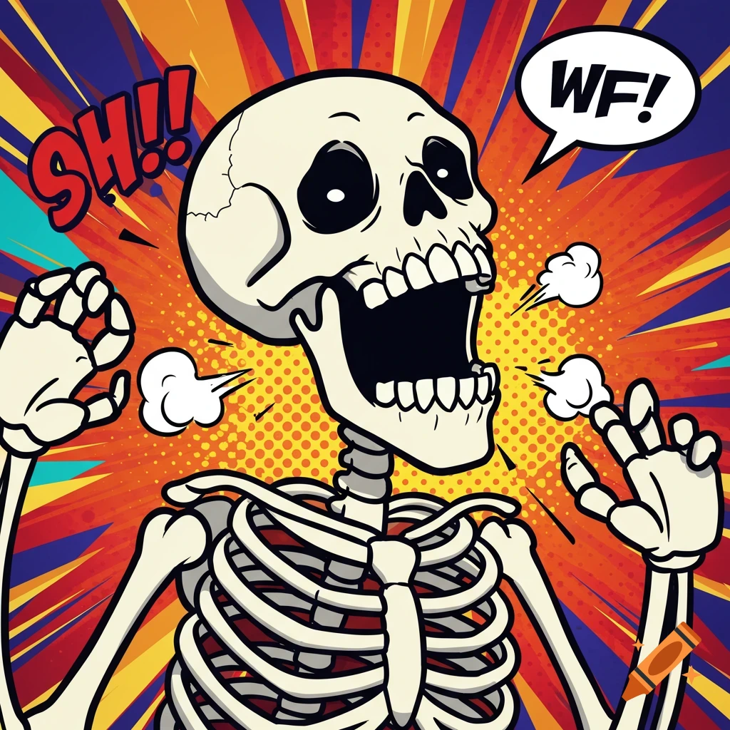 Cartoon skeleton screaming with text bubbles SH!! and WF! in comic pop art style.