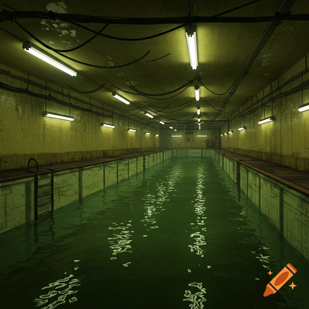 A long, empty indoor pool filled with murky green water in a desolate concrete room lit by fluorescent lights.