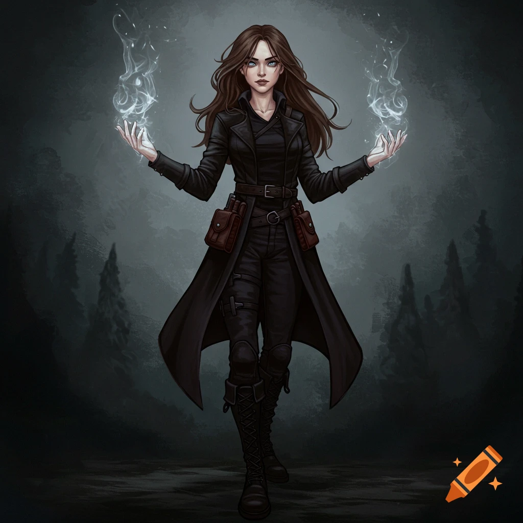 A female witch in a black coat casting spells in a dark, misty forest.