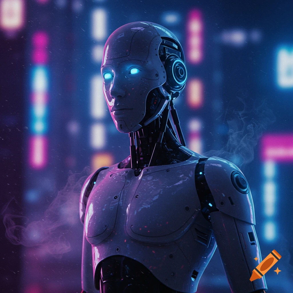 A close-up of a futuristic robot with glowing blue eyes against a blurry neon city background.