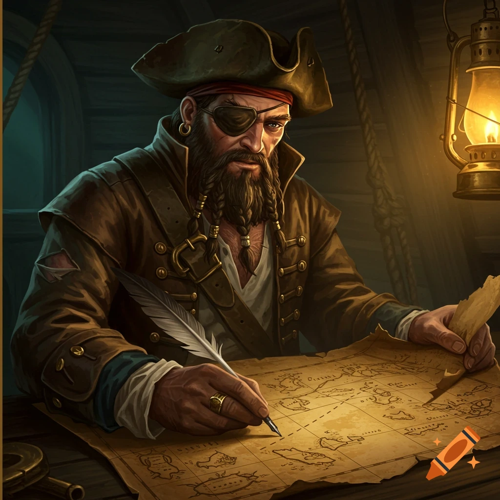A pirate with an eye patch is writing on a map.