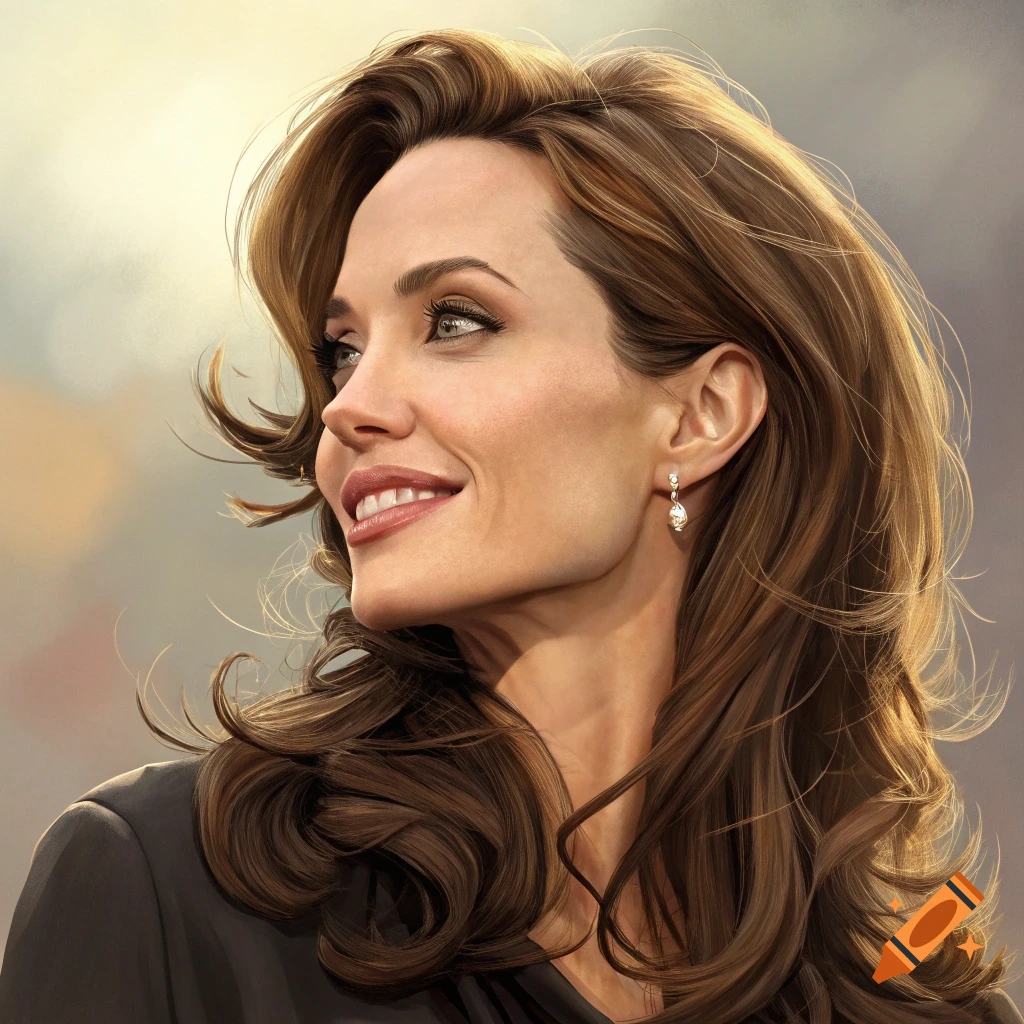 A realistic portrait of a woman with brown hair, smiling and looking to the side.