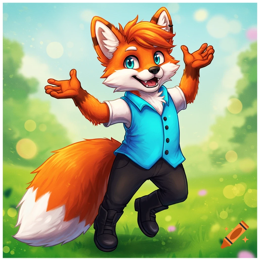 Cartoon fox wearing a blue vest and black pants standing in a grassy area.