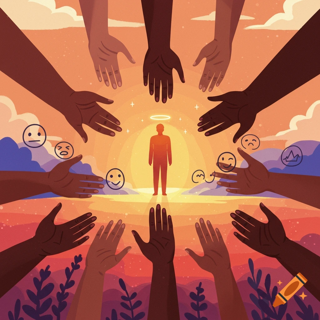 Many diverse hands reach towards a glowing central human figure surrounded by emojis, in a colorful illustration.