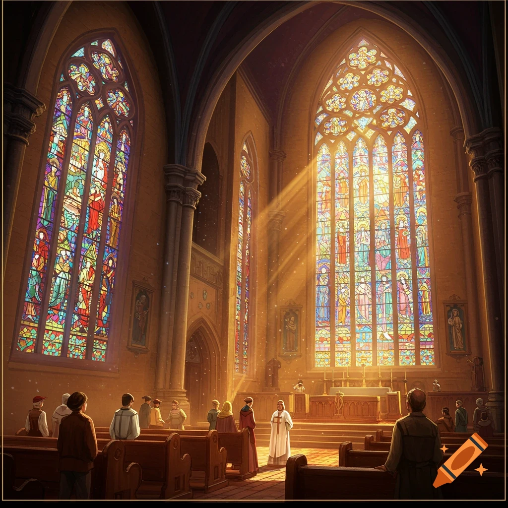 A church interior with people, stained glass windows, and light rays.