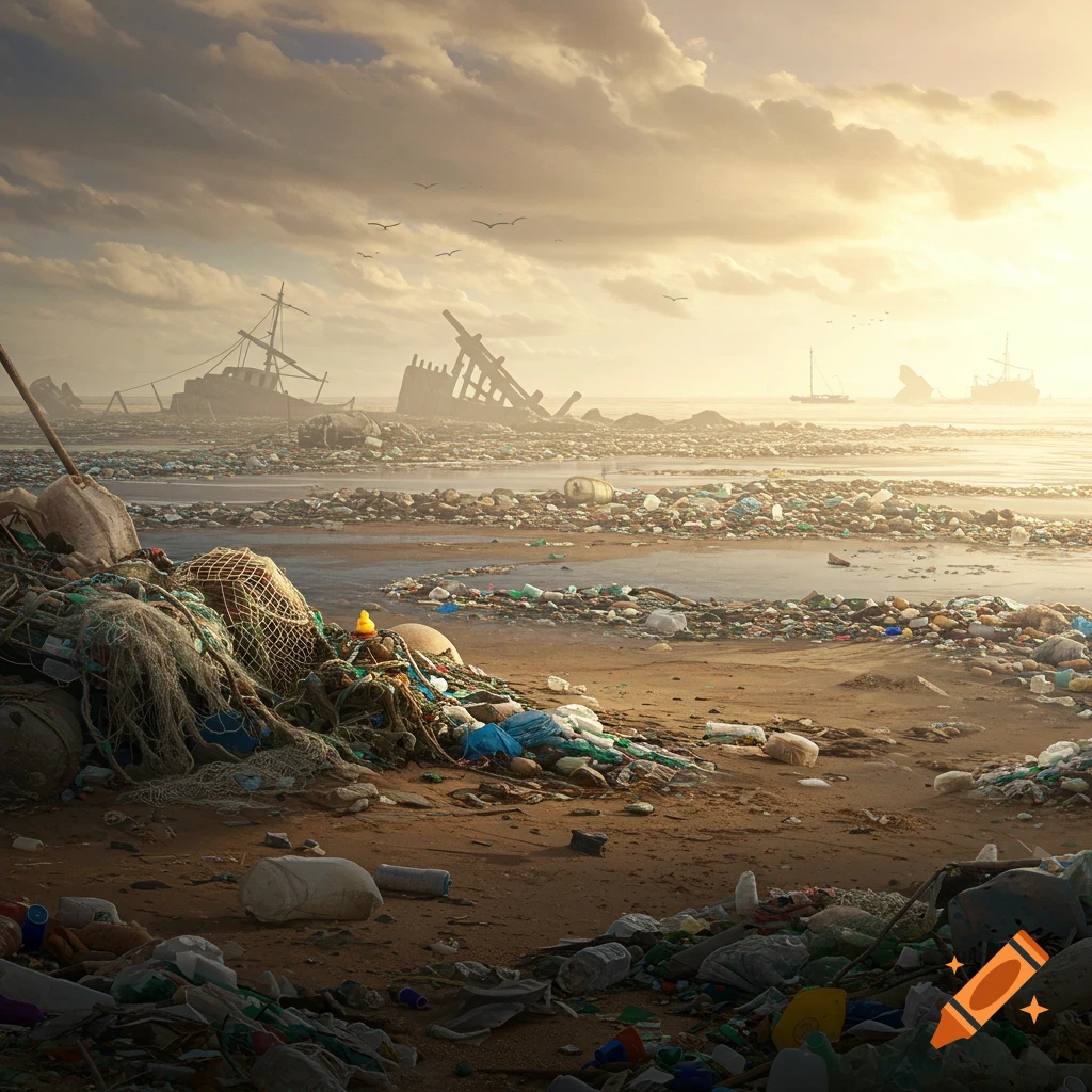 A desolate beach landscape covered in trash and plastic debris with abandoned ships in the background under a cloudy sky.