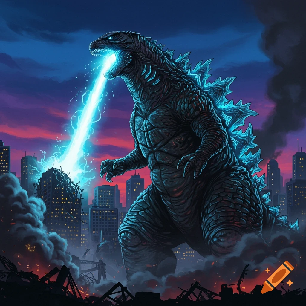 A depiction of Godzilla firing atomic breath at a city at dusk.