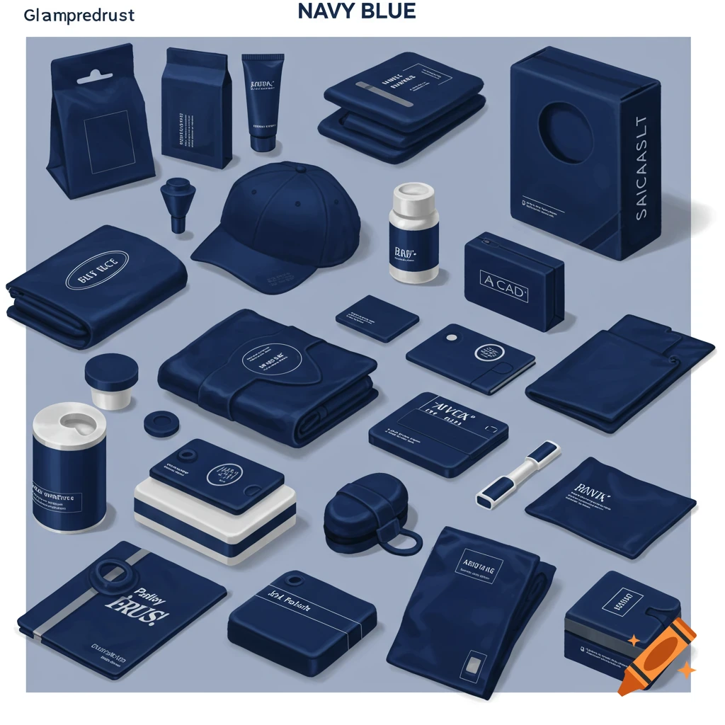 Various navy blue product samples and packaging.