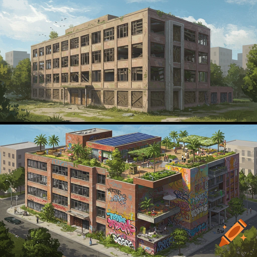 An old building before and after renovation into a vibrant urban green space.