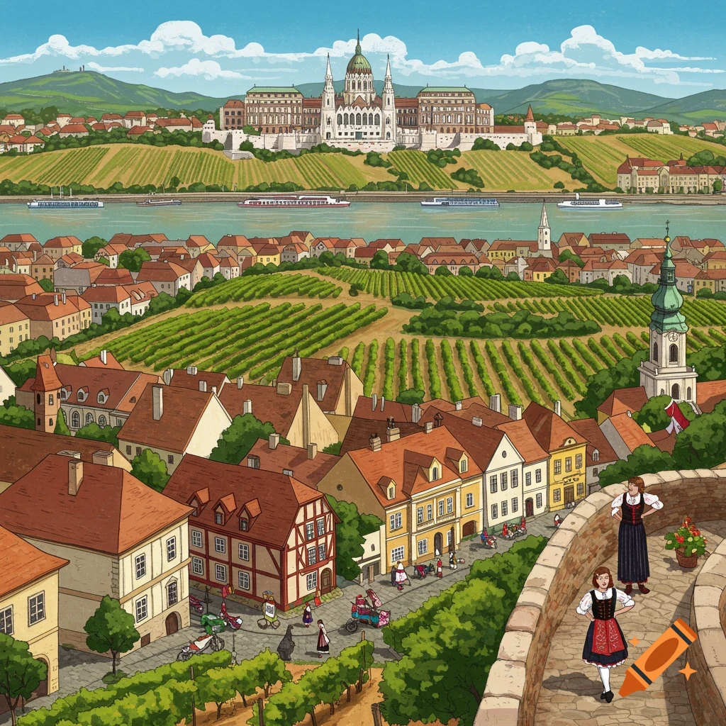 A European city featuring vineyards, a river, a parliament building, and people in traditional clothing.